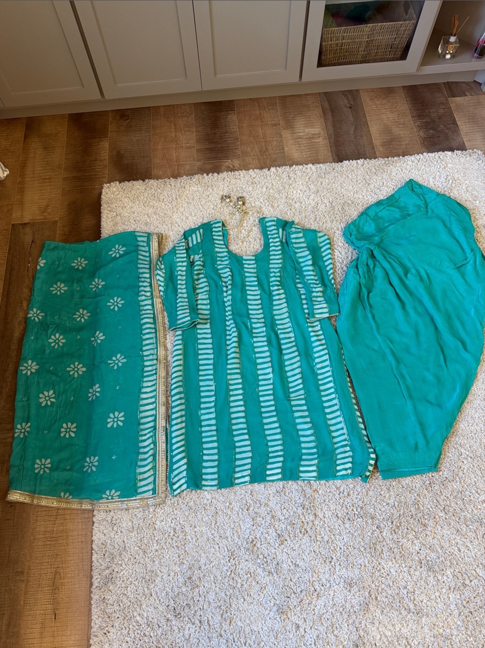 Teal Block Print Kurta Set with Floral Dupatta